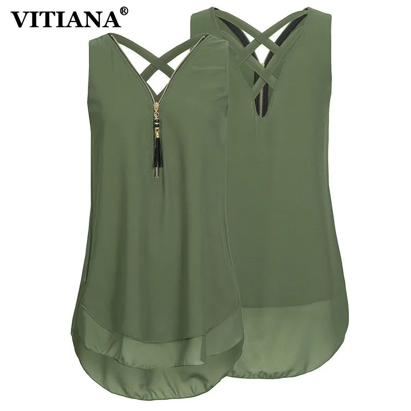 

VITIANA Plus Size 5XL Women Casual Shirt 2018 Sleeveless V-Neck Zipper Summer Chiffon Blouse Shirt Female Elegant Tank Tops