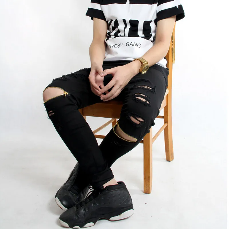 Gli uomini del Motociclista Denim Dei Jeans Della Chiusura Lampo Jeans  Strappati per Gli Uomini Skinny Used Slim Mens Kanye West Skinny Jeans Hip  Hop Refurtiva jeans neri|biker denim jeans|men biker denim