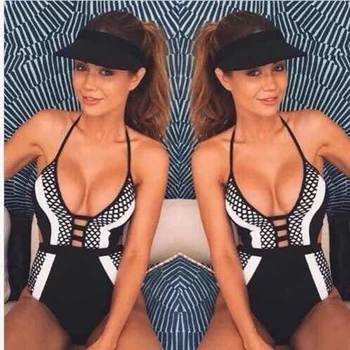 

2017 summer Women sexy sleeveless v neck halter vestidos hollow out sheath bandage jumpsuit dop party bodysuit Wholesale