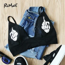 ROMWE сексуальный топ на бретельках с вышивкой, ажурный бюстгальтер без косточек, женские летние топы без застежек, модный черный популярный клубный Топ