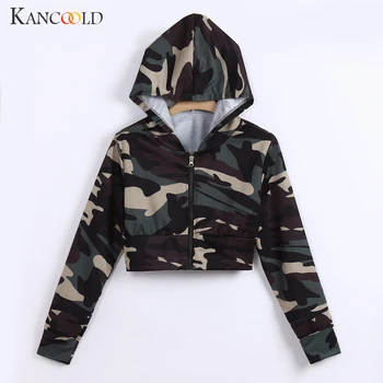 

KANCOOLD top T-Shirt Womens Fashion Camouflage Print T-Shirt Long Sleeve Hooded Short zipper new top femme 2019FEB4