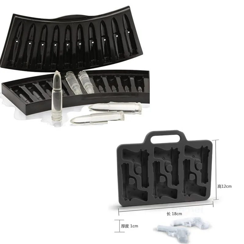 

3D AK 47 Bullets Shape Plastic Frozen Ice+Hand Gun Shape Ice Tray Silicone Jelly Pudding Mold Cube Tray Former Bar Party Drink