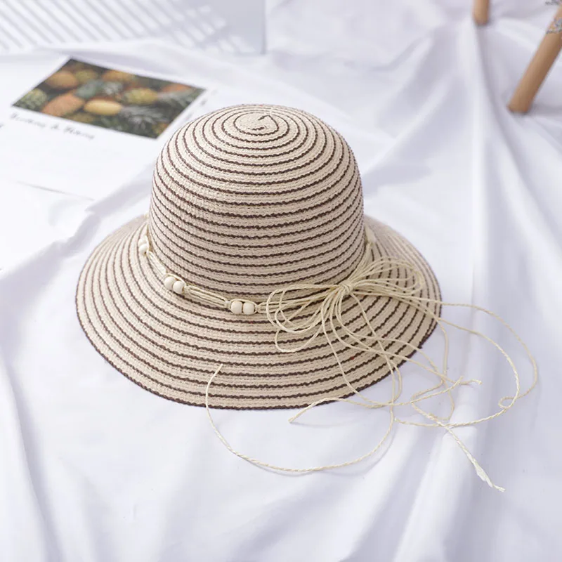 Летнее пляжный отдых путешествия Защита от солнца соломенная шляпа складная Пляжная Шляпа Шляпы Полосатый бант украшения широкие шляпы кепки - Цвет: beige