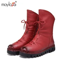 MAYLOSA Neue Frauen Vintage Style Echtes Leder Frauen Stiefel Flache Booties Weiche Rindsleder Damenschuhe Front Zip Stiefeletten