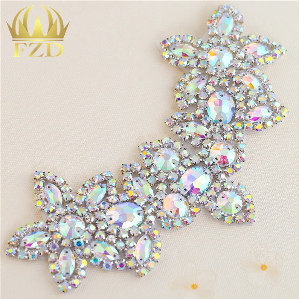 

(30pieces) Wholesale Sewing On Crystal Beaded AB Rhinestone Applique for Wedding Dress Bridal Sash Clothing Decorative Trim