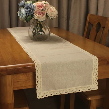 

CURCYA Vintage Original Color Beige Cotton Linen Table Runners for Wedding Decoration Parties Lace Table Runner Household Linen