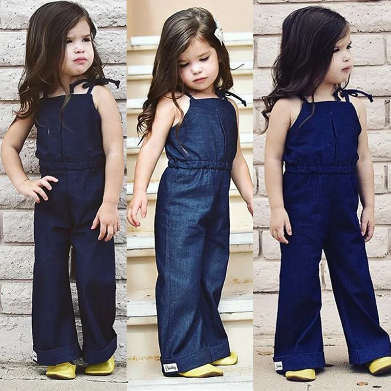 

Hot Newborn Baby Girls Overalls Denim Sleeveless Drawstring Solid Overalls Outfits Set Clothes 1-7T