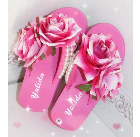 

HAHAFLOWER Women flower sandals flip-flops summer platform wedge beach pearl slippers floral shoes