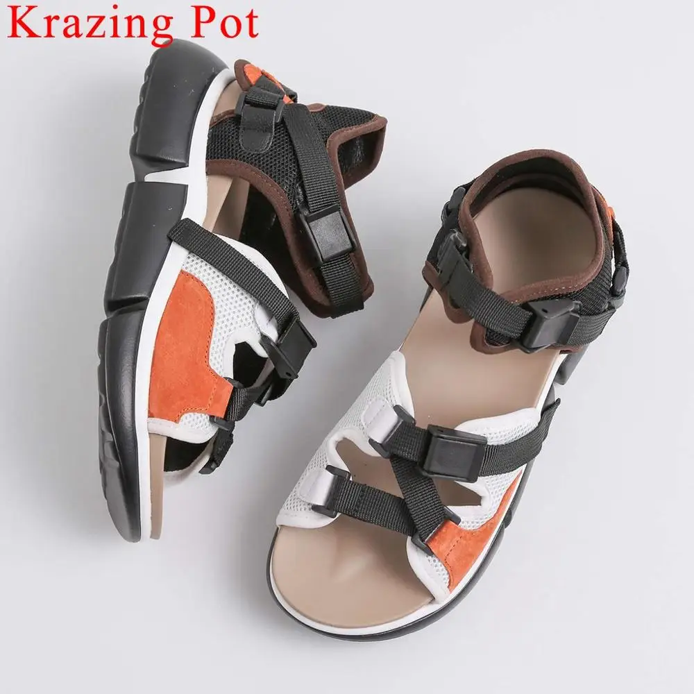 

Krazing Pot rock girls button med bottom mixed colors gladiator shoes women sandals plus size peep toe summer brand shoes L33