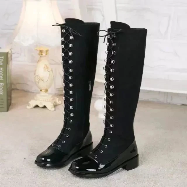 

2017 New Stylish Luxury Designer Dress Shoes Women Round Toe Flat Botas Mujer Brand Designer Patchwork Lace Up Knee-high Boots