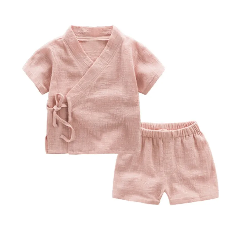 CROAL CHERIE 2pcs Kids Boy T Shirt + Shorts Clothing Sets Summer Breathable Linen Girls Tops Children's Sets Solid Casual Tee