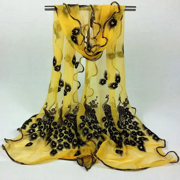 Женский шифоновый шейный шарф с цветочной вышивкой павлина, кружевной шарф, женский шелковый длинный мягкий элегантный платок, новые весенние шарфы