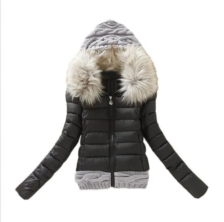 Autumn Winter Women Parka Coat Casual Padding Knit Hooded Short Jacket Slim Long Sleeve Patchwork Parka Outwear