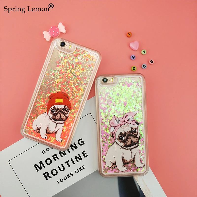 

Spring Lemon Cut Bow-knot Hat Pugs Heart Quicksand Transparent Hard Case For iphone 7 7plus 8 8plus 6 6plus 6s 6s plus X 5 5C SE