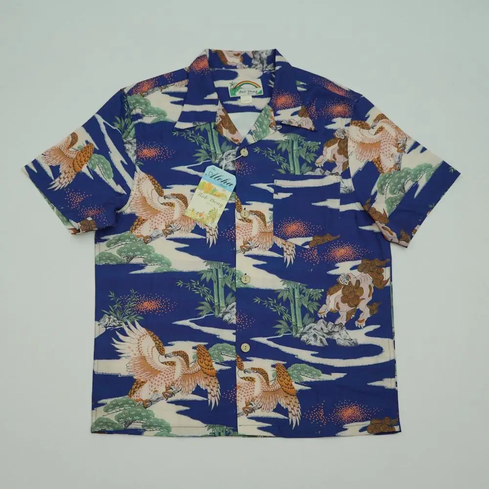 BOB DONG Chinese Style Men Hawaiian Pocket Tee Shirts Vintage Short Sleeve Blue 5
