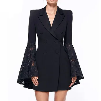 

Spring Autumn Lapel Collar Lady Slim Blazer Flower Lace Hook Tuxedo Suits Double-breasted Flare sleeves Stitching Long OL jacket