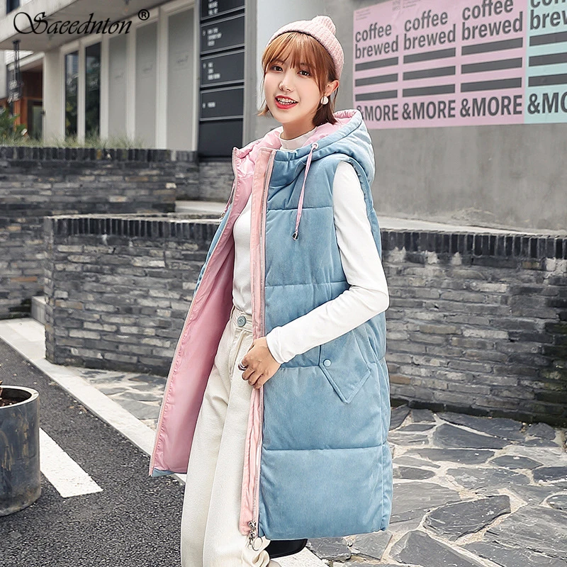

2019 New Autumn Winter Gold Velvet Coat Women Fashion Slim Long Warm Down Cotton Padded Vest Women's Hooded Cotton Vests Coat