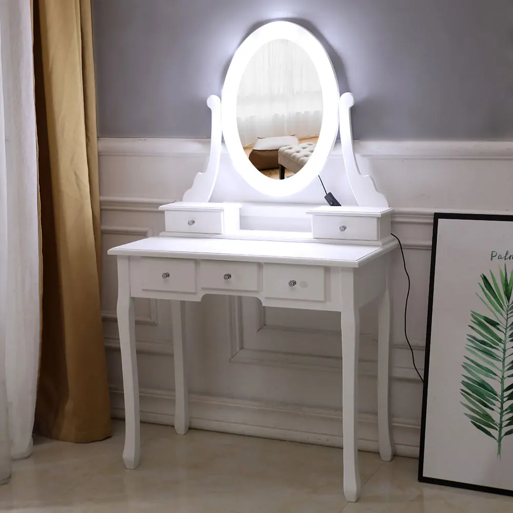

Luxury Single Mirror 5 Drawer Dressing Table with Light Bulb Dressing Stool Women Girls Makeup Supply