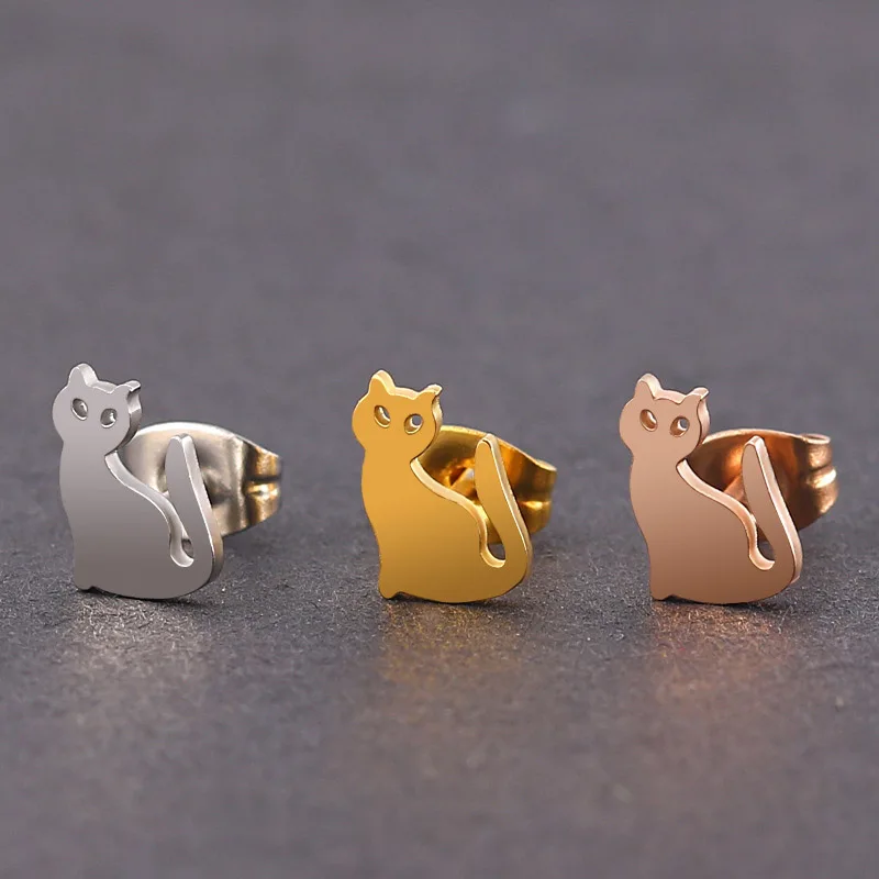 

New Fashion Stainless Steel Cute Cat Stud Earrings Rose Gold Color Engagement Titanium Steel Wholesale Jewelry Earrings