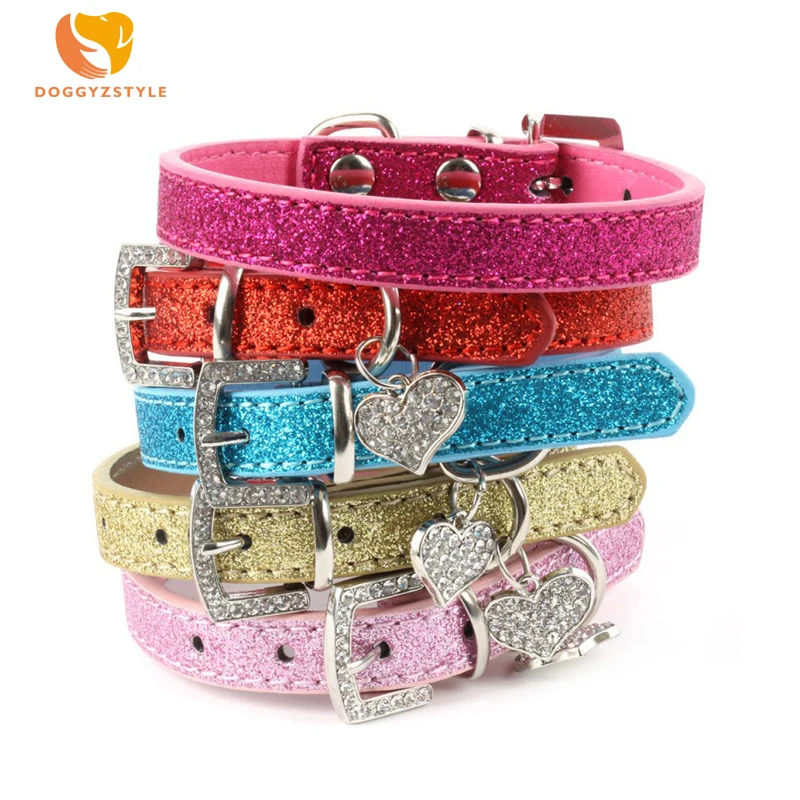 

Luxury Pet Dog Cat Collar Bling Pu Leather Love Heart Crystal Diamond Pendant Dog Cat Pet Collar Necklace 4 Colors DOGGYZSTYLE