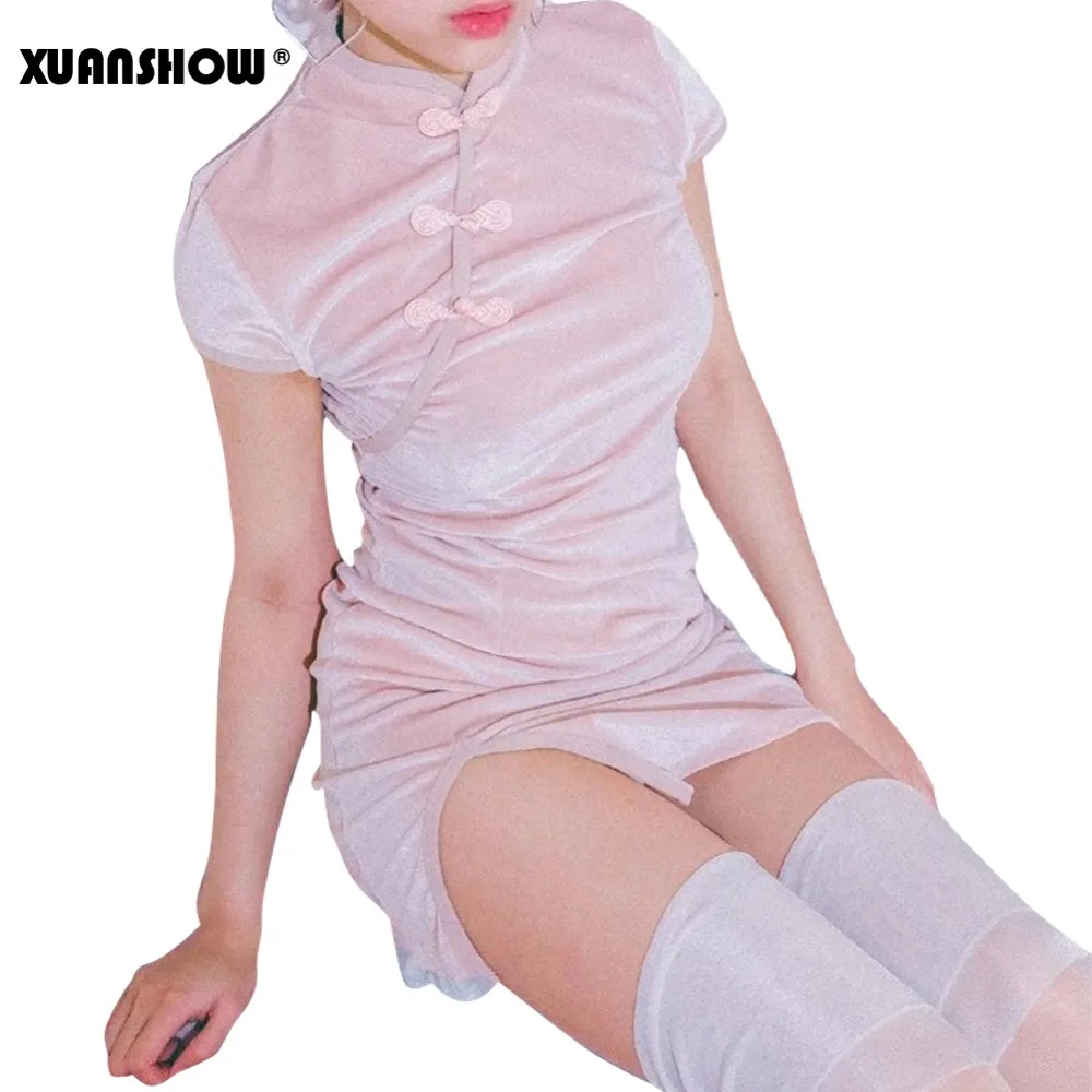 

XUANSHOW 2019 Fashion Women Dress Velvet Sexy Cheongsam Slim Chinese Style Gothic Solid Zipper Short-sleeved Dresses Vestidos