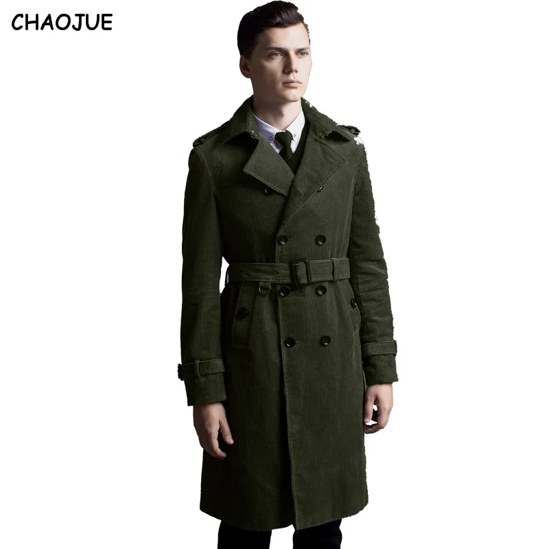 Image Long corduroy trench coat for mens 2016 long sleeve slim design plus size double breasted jacket male cotton over coat for gifts