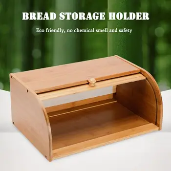 

Natural Bamboo Bread Holder Food Storage Container Kitchen Roll Top Bread Storage Box