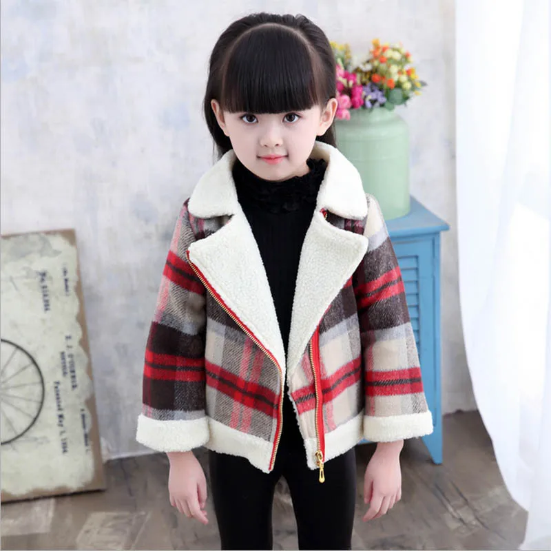 Autumn fall plaid thicken woollen jacket for girls kids zipper casual coat for girl woolen coat for girls (2)