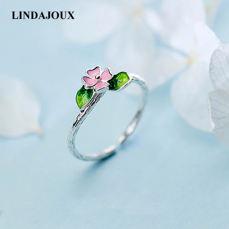 Lindajoux 925 пробы серебро розовый цветок зеленый лист Открытое кольцо для Для женщин