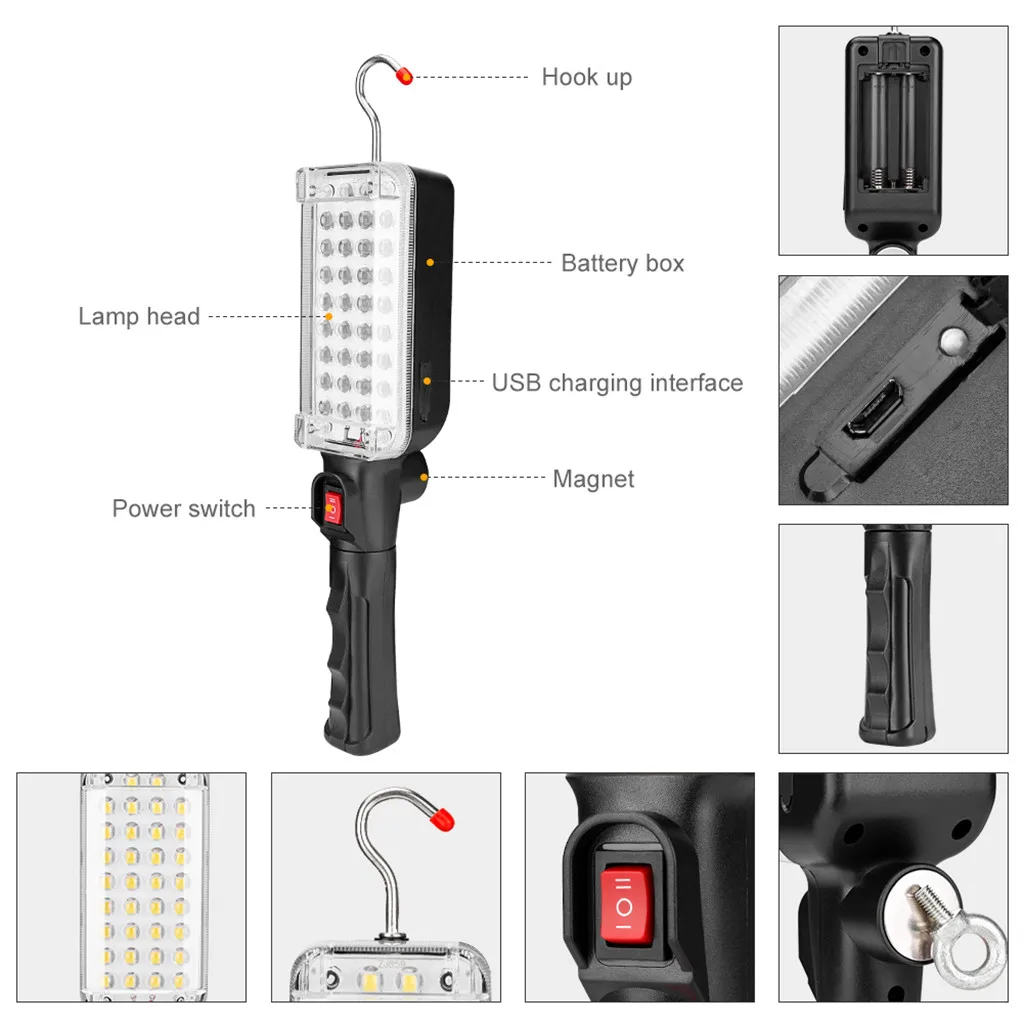 Многофункциональный 34SMD светодиодный светильник для работы Магнитный Подвесной контрольный Фонарь ручной фонарик крюк Фонарь рабочий свет для кемпинга 6,5