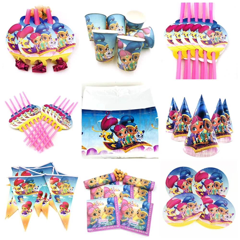 

Shimmer shine theme Straws Cups Flags Tablecloth Plates Candy Popcorn Box Card Party Supplies Kid Birthday Party Decoration