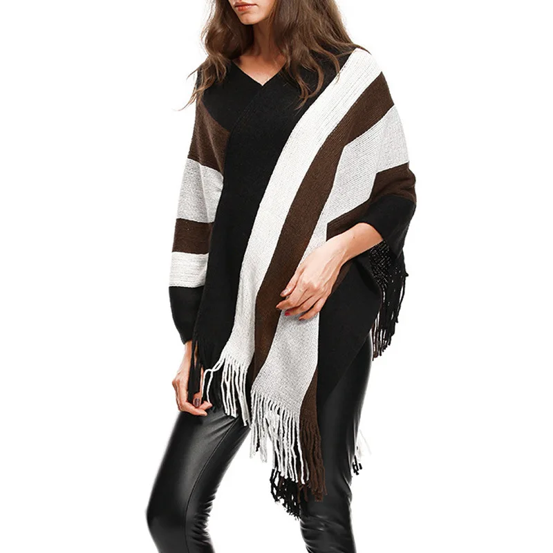 Для женщин свитера и пуловеры полосатый вязаный свитер осень-зима модный плащ Batwing рукава, с кисточками, женские свитера