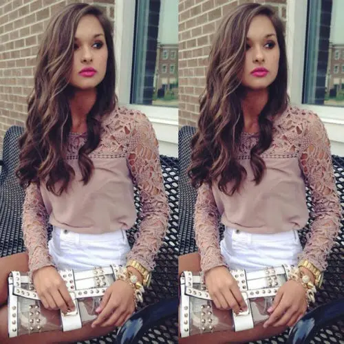 

Women Summer Ladies Long Sleeve Lace Shirt Blouse Ruffle Ladies Loose Crew Neck Tops