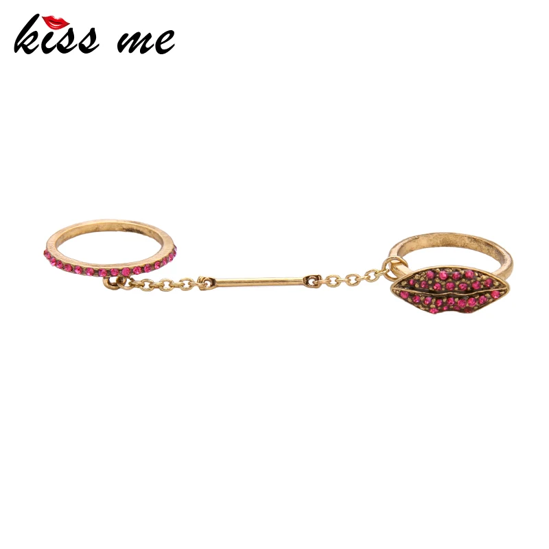 

KISS ME Red Crystal Lip Double Finger Rings Antique Gold Color Vintage Jewelry Women Accessories
