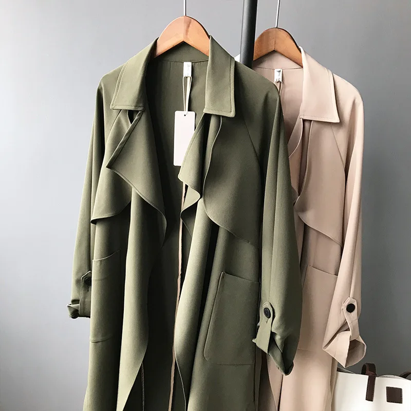 Тренч, пальто размера плюс, Длинная женская ветровка, модное Трендовое Женское пальто, свободное тонкое женское пальто F479