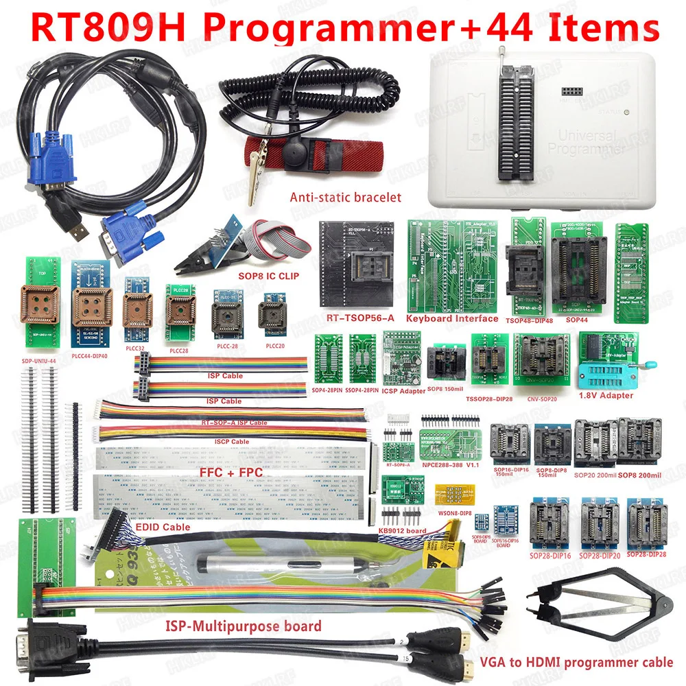 

2019 Newest RT809H Universal Programmer Emmc-Nand Programmer + 44 Items ISP Adapter TSOP48 TSOP56 IC Test Clip EDID Read Line