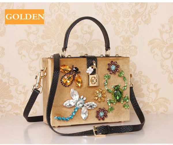 BENVICHED, Роскошная вечерняя сумка принцессы, женские сумки, дизайнерские бриллианты, натуральная кожа, женская сумка на плечо, сумка в коробке, L110 - Цвет: Золотой