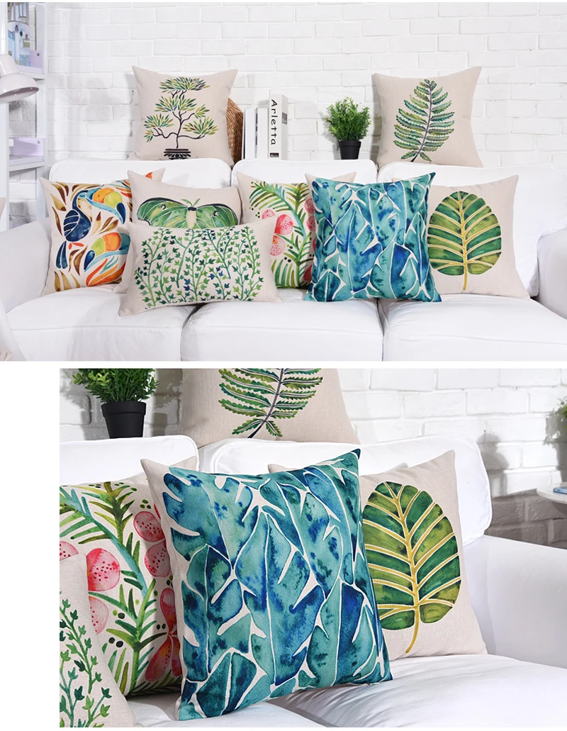 Square Tropical Plant Cotton Linen Cushion Cover Sofa Decorative Throw Pillow Car Chair Home Decor Pillow Case almofadas (10)