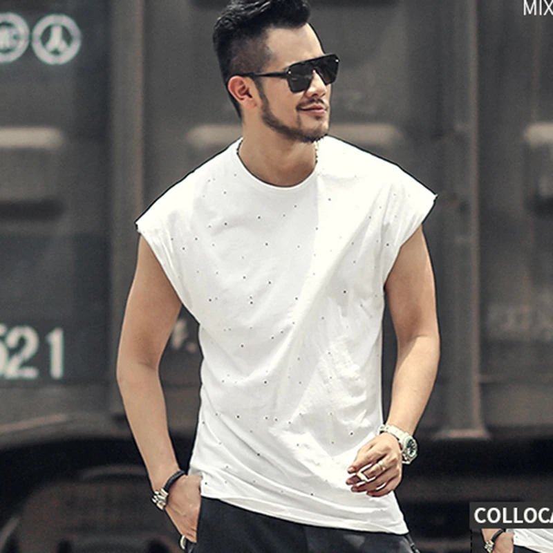 

Men's Loose Solid Casual Sleeveless Ripped Holes Brand Design Tank Tops Men Summer O Neck Cotton Wide Shoulder Undershirts T351