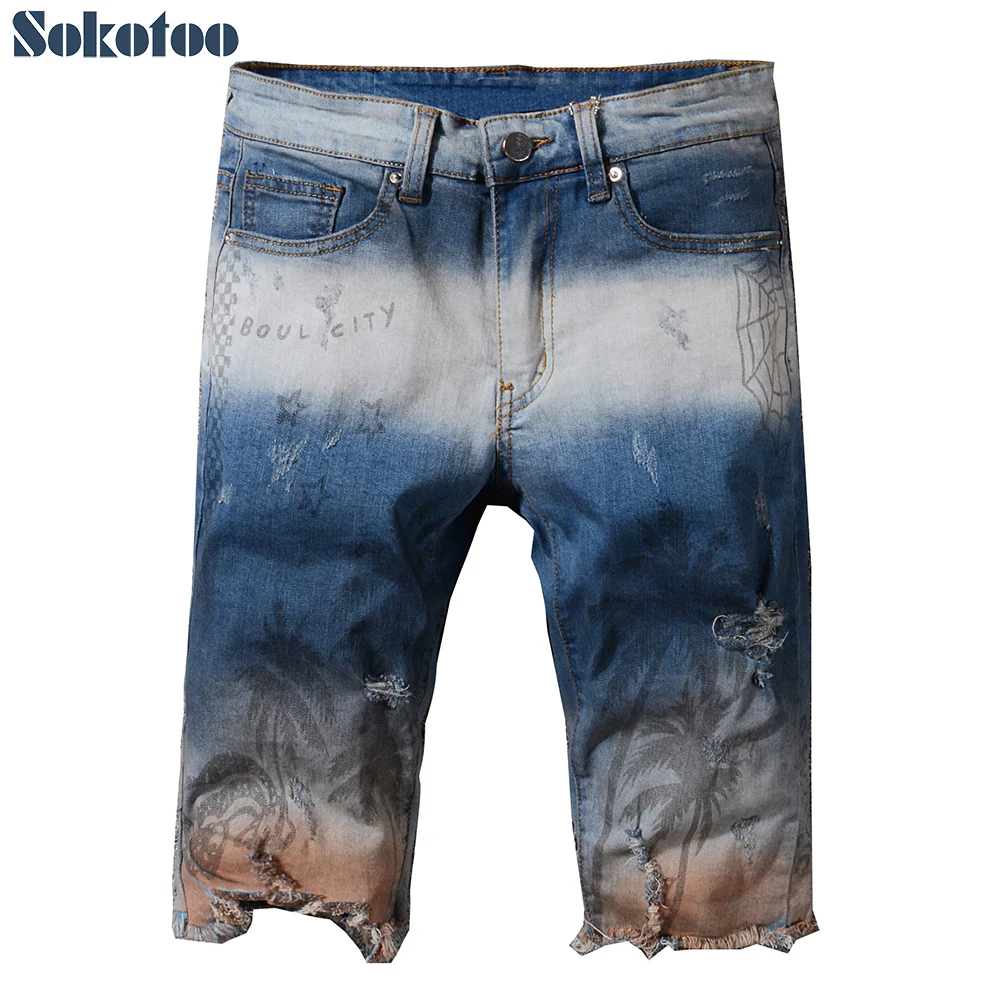 Special price Men's summer knee length coconut tree printed contrast color shorts Fashion painted ripped denim jeans Special price Men's summer knee length coconut tree printed contrast color shorts Fashion painted ripped denim jeans