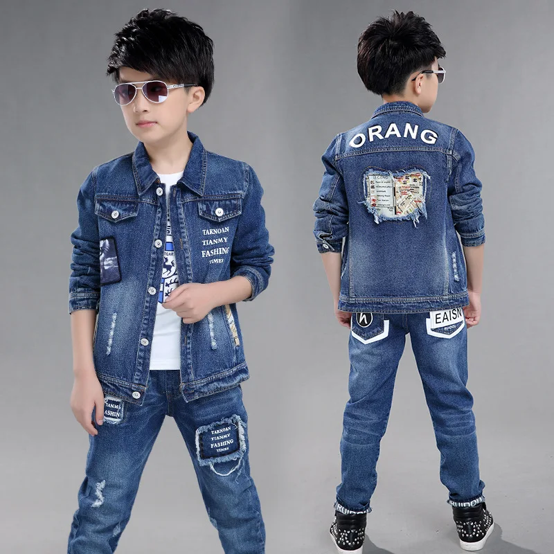 

High quality boys printed ORANG denim jacket jeans set fashion kids casual clothes spring Hole design boy sport clothing 17F419