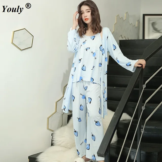 2019 Sring Summer female print cute 3 pieces Floral pajamas sets women sexy floral cotton Sleepwear bathrobe pyjamas Pants suits