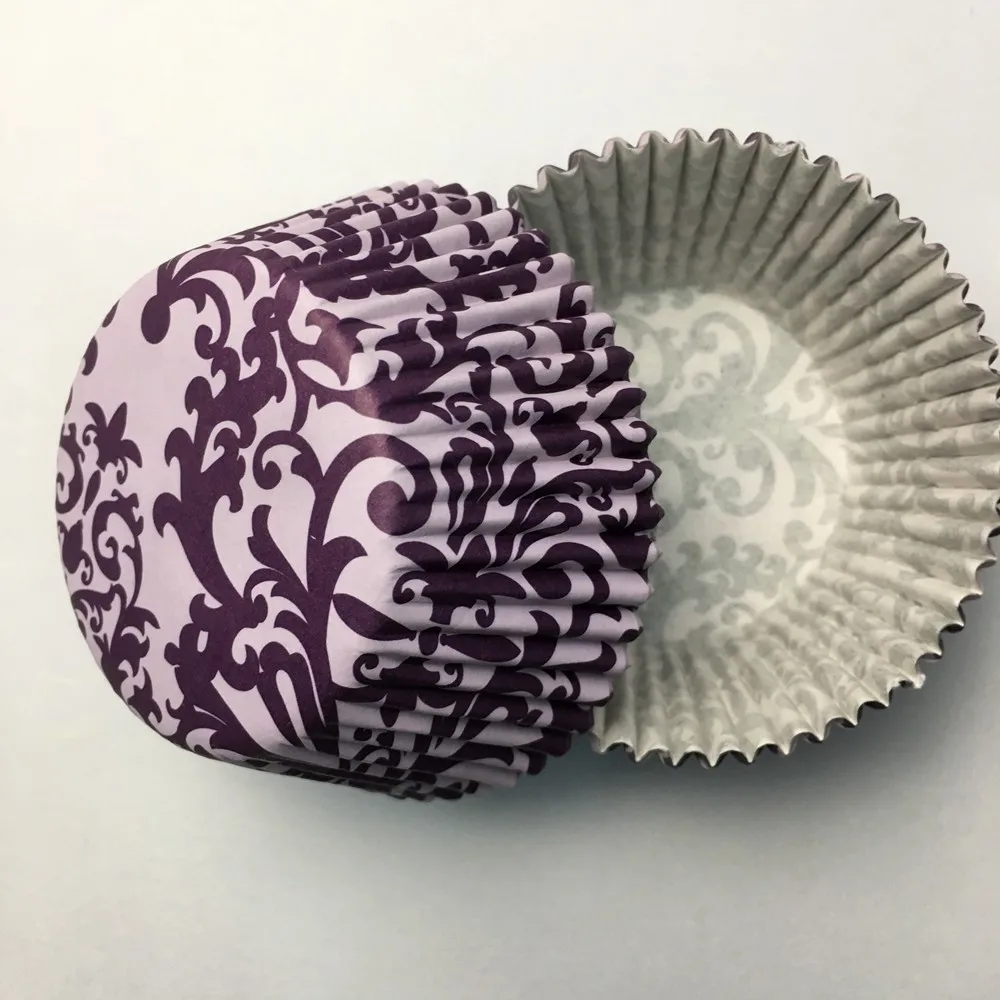 Free Shipping 500pcs Rainbow leopard grid damask Paper Cupcake Liners Pure Color baking muffin Cup cake Wrappers case - Цвет: purple damask