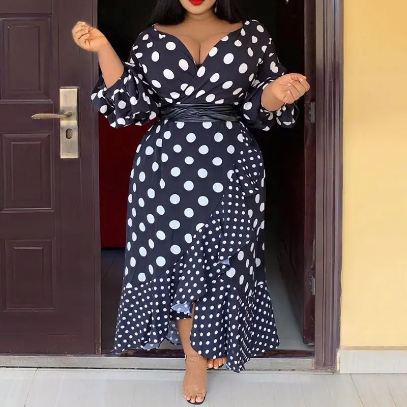 

4XL 5XL Plus Size Office Ladies Vintage Black Women Long Dress High Waist African Robe Polka Dots Falbala Female Fall Dress 2019