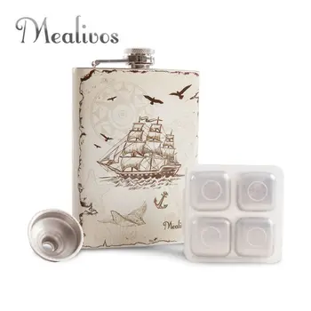 

Mealivos fashion Nautical style Flask 8 oz Hip Flask Alcohol Liquor Whiskey Bottle with 4 pcs ice Cubes summer set funnel free