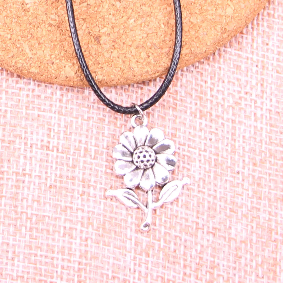 

20Pcs Antique Silver Color sunflower flower Pendant 27*20mm Leather Chain Necklace Black Leather Cord Necklace