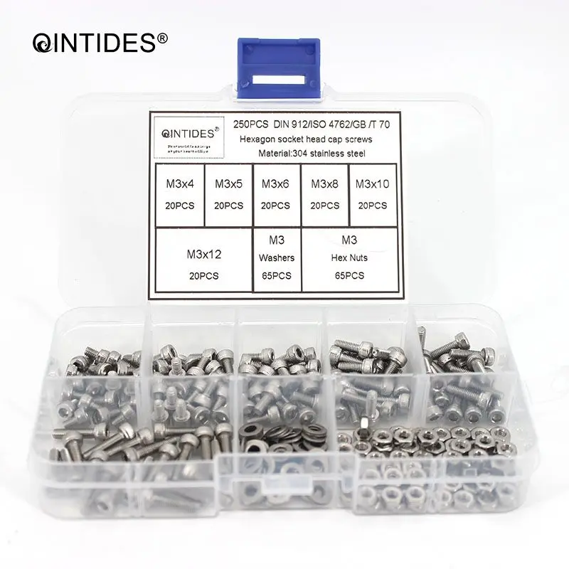 QINTIDES 250 шт./компл. DIN912/ISO 4762/GB/T 70 Шестигранная головная крышка винты 304 болты из