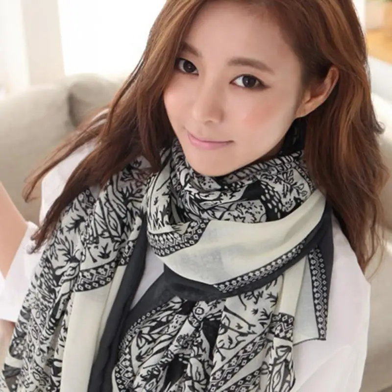 Vintage Women Long Soft Cotton Voile Big Round Floral Print Scarves Shawl Wrap Scarf Largescarf