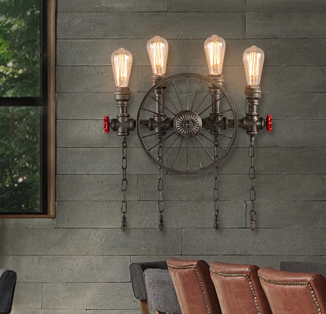 

Nordic Industrial Vintage Creative Wheel Wall Lamp Bedroom Restaurant Bar Decoration Water Pipe Wall Light Free Shipping