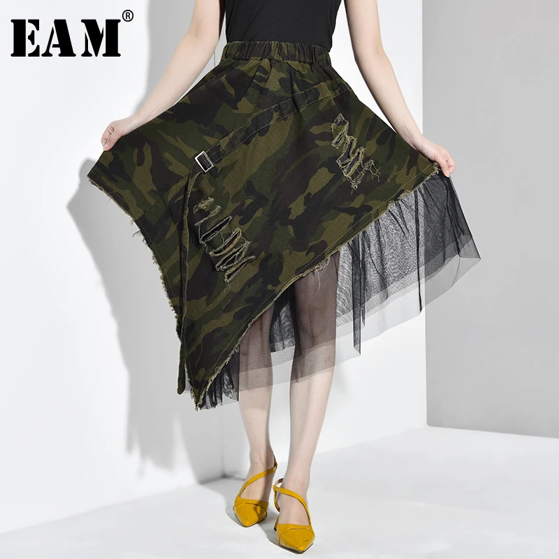 

[EAM] High Elastic Waist Buckle Camouflage Mesh Irregular Half-body Skirt Women Fashion Tide New Spring Autumn 2019 JW2940